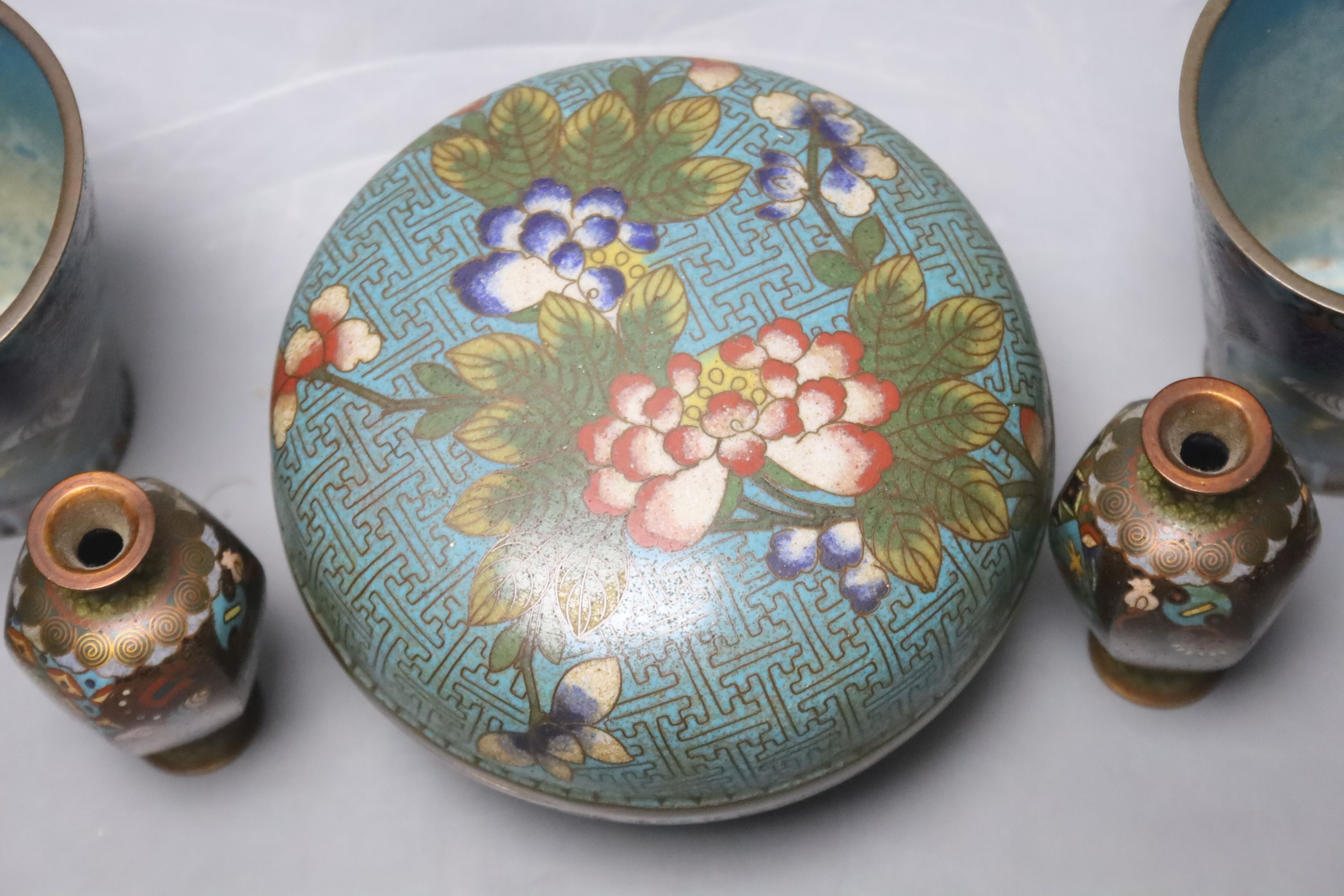 A Chinese cloisonne enamel box & cover, two beakers and four similar Japanese miniature vessels